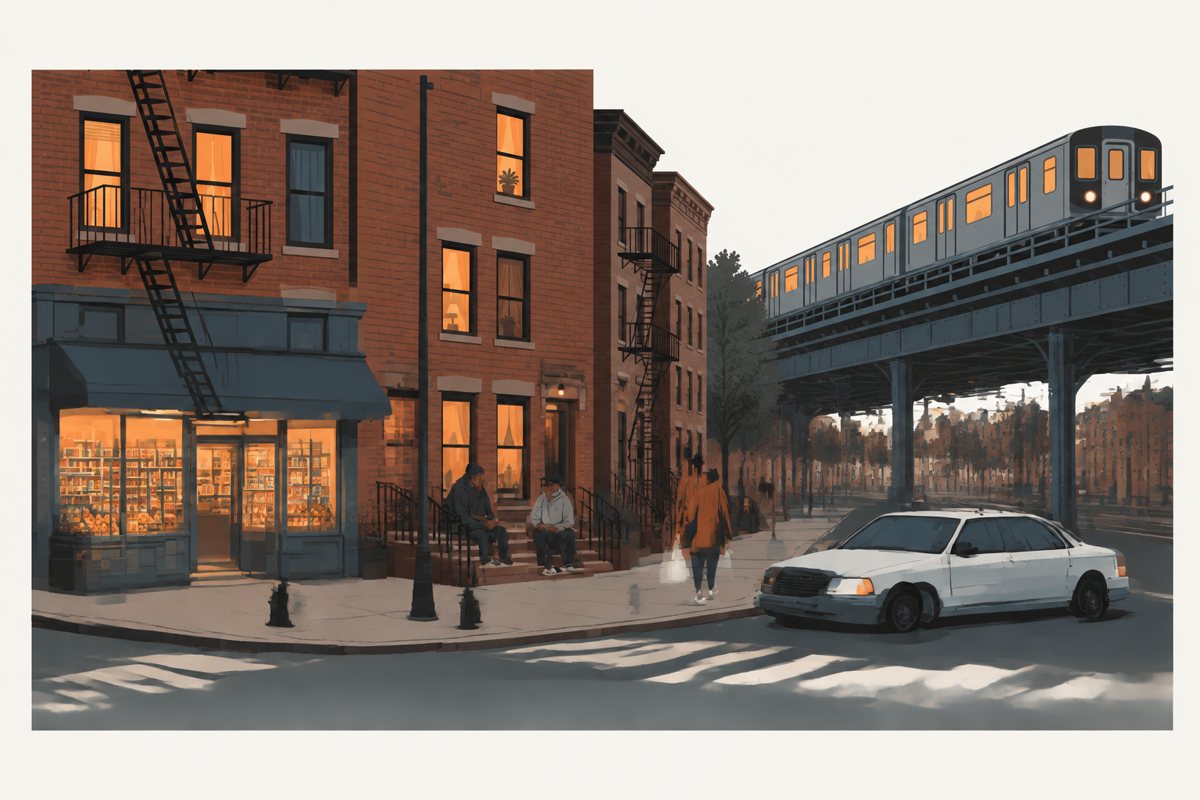 Flat illustration of a New York street corner at dusk: brick apartment buildings with fire escapes and warm orange windows, a corner shop lit up under a dark awning, two people sitting on a stoop, a woman in an orange coat walking home with shopping bags, a white car at the curb, and an elevated subway train passing on its steel trestle behind.