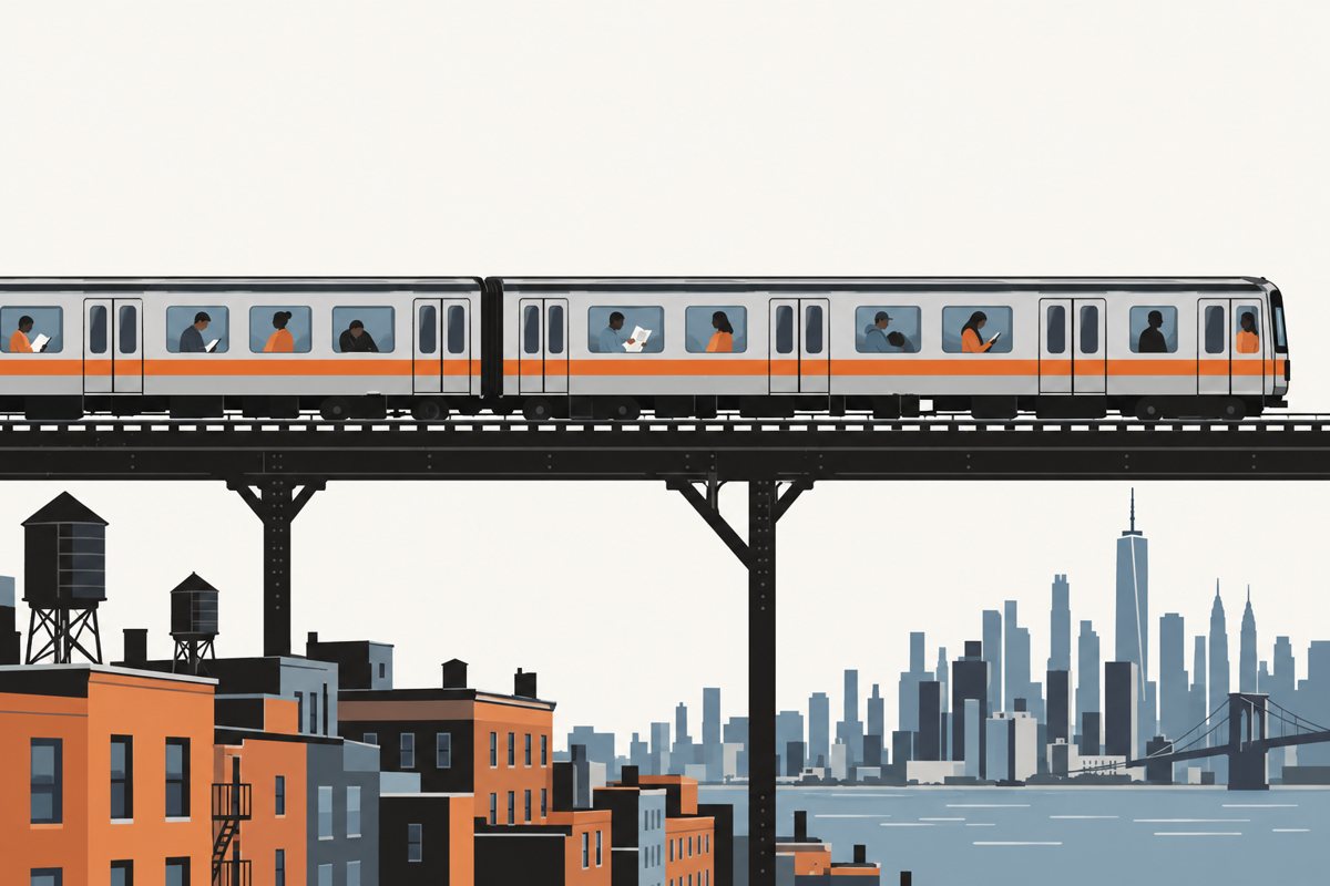 An elevated subway train full of passengers, some reading, running above outer-borough rowhouses and water towers toward the Manhattan skyline across the river