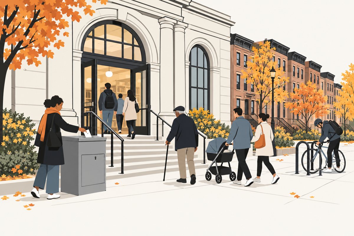 Flat illustration of a Brooklyn library branch used as an early-voting site on a bright autumn Saturday: voters climb the steps through the open arched doors, a woman in an orange scarf slides an envelope into a grey ballot drop box, and an older man with a cane, a couple pushing a stroller and a cyclist at a bike rack pass along a sidewalk of brownstones and yellow and orange trees.