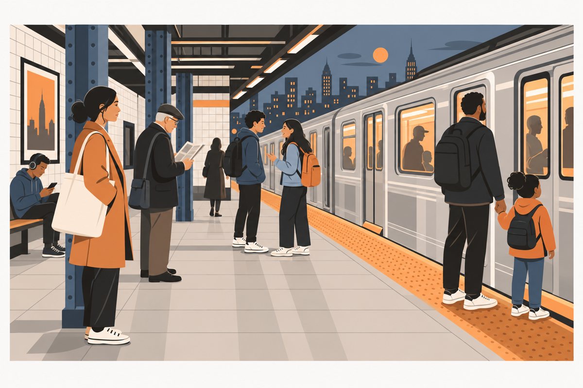 Flat illustration of an elevated subway platform at dusk as a silver train pulls in: a woman in an orange coat with a tote bag, an older man in a cap reading a newspaper, two students with backpacks talking, a young man on a bench with headphones and a phone, and a father holding his daughter's hand at the platform's orange edge strip, with tiled walls, blue steel columns and a city skyline under an orange moon behind.