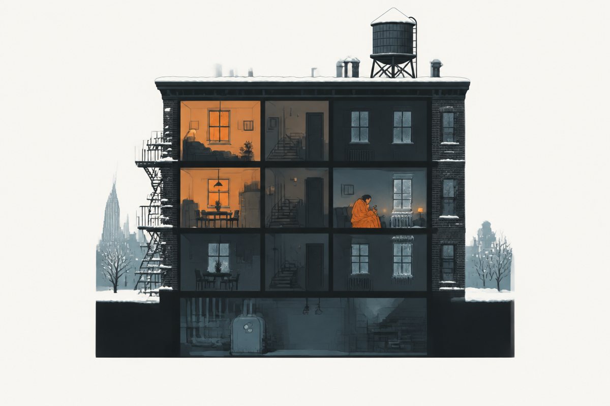Flat illustration of a cutaway brick walk-up on a snowy night: snow on the roof, the water tower and the fire escape; two apartments on the left glow warm orange, while in a dark, cold apartment on the right a tenant wrapped in an orange blanket sits by a frosted window and a radiator, looking at a phone; the boiler in the basement is dark, and a skyline and bare trees stand in the snow behind.