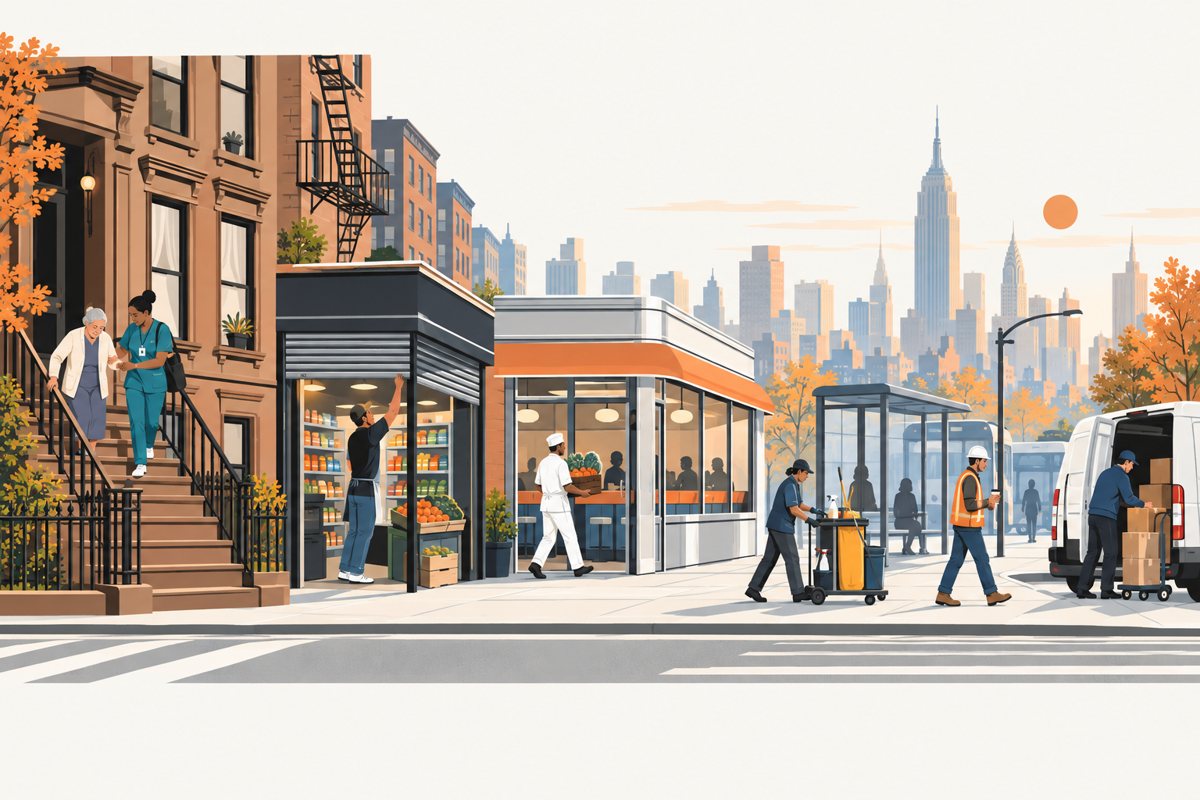 Flat illustration of a New York avenue at the morning shift change under a pale orange sun: a home health aide in teal scrubs helps an older woman down a brownstone stoop, a bodega worker reaches up inside an open steel grate beside crates of fruit, a cook in whites carries a crate of produce toward a diner, a janitor pushes a yellow cleaning cart past a bus shelter, a construction worker in a hard hat and orange vest crosses with a coffee, and a delivery driver unloads boxes from a white van, with fire escapes, autumn trees and the Midtown skyline behind.