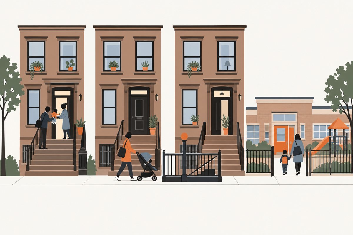 Three brownstone stoops on a New York morning: a parent hands a toddler to a caregiver at a door, another parent pushes a stroller toward a subway entrance, and a small child with a backpack walks hand in hand with an adult to a school with a playground