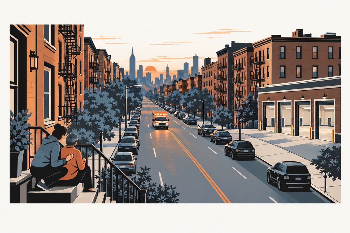 A long New York avenue at dusk between brick apartment buildings with fire escapes: an ambulance with its lights on drives toward the viewer past parked cars, an EMS station at the corner stands with its four bays open and empty, and on a stoop in the foreground one person sits while another kneels beside them with a hand on their shoulder, both looking down the avenue