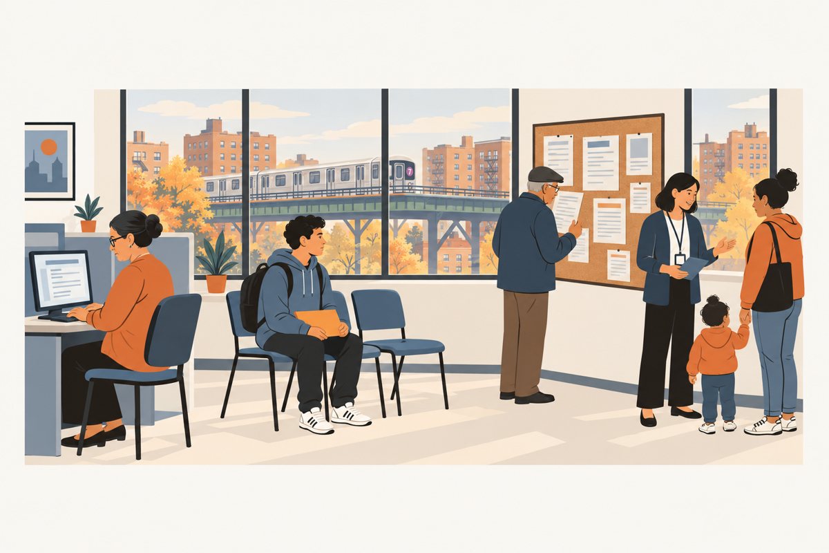 Flat illustration of a career centre on a weekday morning in autumn: a woman in an orange top at a public computer, a young man in a hoodie with a backpack waiting on a blue chair with a folder on his knees, an older man in a dark jacket reading a corkboard of listings, a counsellor with a lanyard and a tablet talking with a mother in an orange jacket who holds a toddler's hand, and through the windows an elevated 7 train crossing a green viaduct past brick apartment blocks and yellow trees.
