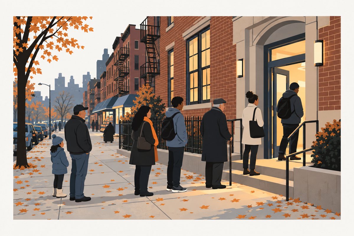 Flat illustration of an autumn evening on a Bronx street: six New Yorkers of different ages queue on a leaf-strewn sidewalk outside the lit doorway of a brick school, fire escapes and a bodega awning down the block, one of them in an orange scarf.