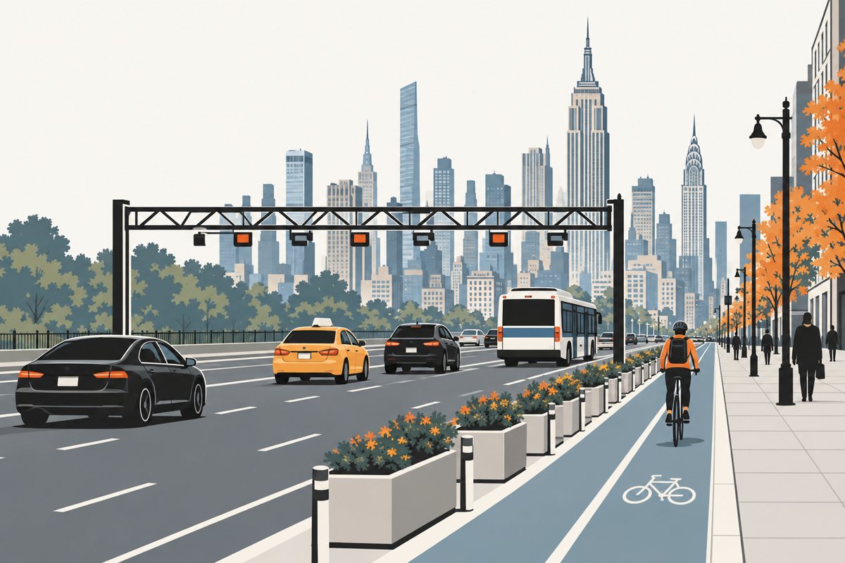 A flat illustration of an avenue running into Midtown Manhattan: an overhead toll gantry with orange lights spans the traffic lanes, where black cars, a yellow taxi and a white city bus pass beneath it; to the right a cyclist in an orange jacket rides a blue protected bike lane behind a row of flower planters, people walk the sidewalk under autumn trees, and the skyline, with the Empire State and Chrysler buildings, rises behind