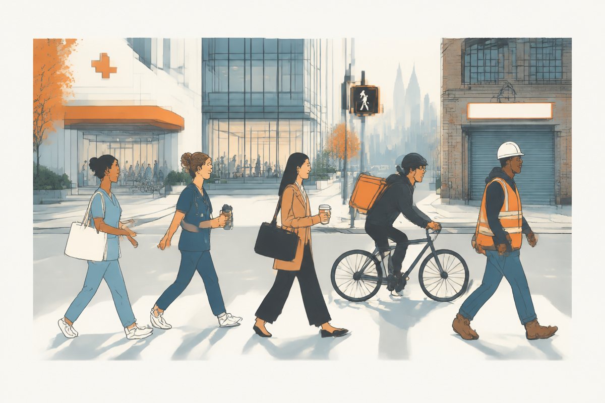 A New York street corner at the morning shift change: a home health aide, a nurse, an office worker with coffee, a delivery cyclist and a construction worker cross together in front of a hospital, a glass office lobby and an old factory building