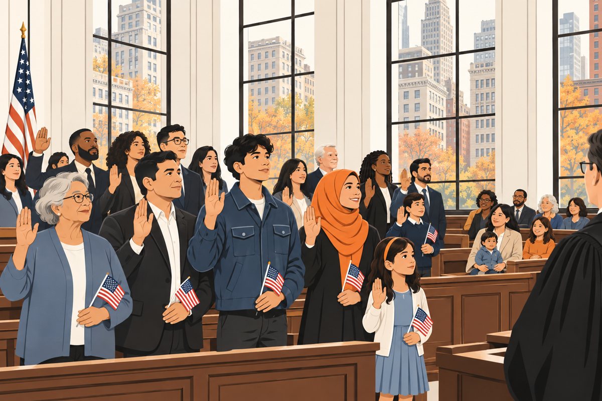 Flat illustration of a naturalization ceremony in a wood-paneled Manhattan courtroom: rows of new citizens of many ages raise their right hands and hold small American flags, among them a grandmother in glasses, a young man in a denim jacket, a woman in an orange headscarf and a girl in a blue dress, with families on the benches behind, a judge in a black robe at the right, a flag in the corner and tall windows onto brick and stone buildings and autumn trees.