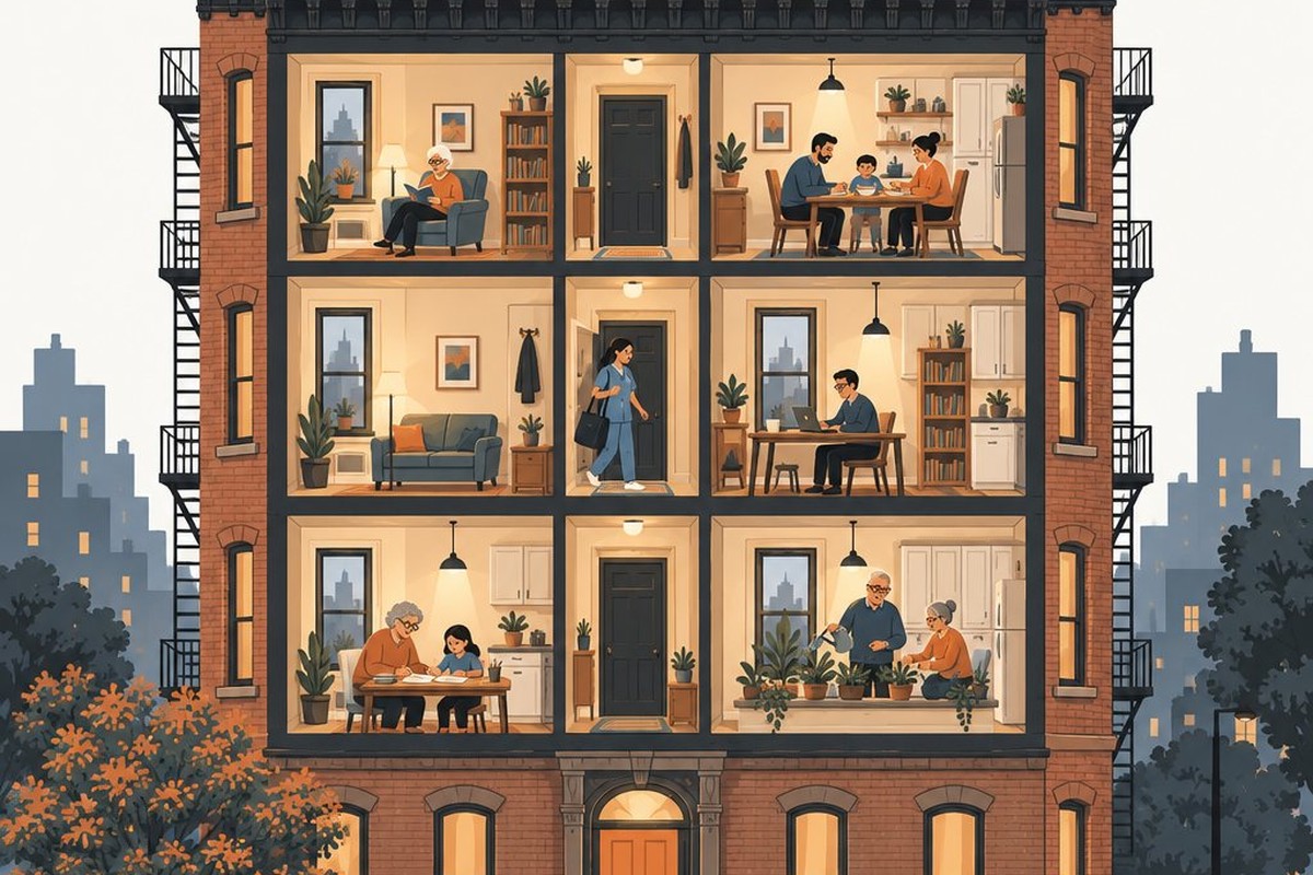 A flat illustration of a New York prewar brick apartment building with fire escapes, its front opened like a dollhouse to show six apartments lit at dusk: an older woman reading in an armchair, a family of three at dinner, a nurse in scrubs coming home, a young man working at a laptop, a grandmother helping a girl with homework and an older couple watering plants on a windowsill; a tree with orange leaves, the city skyline and the top of an orange front door below