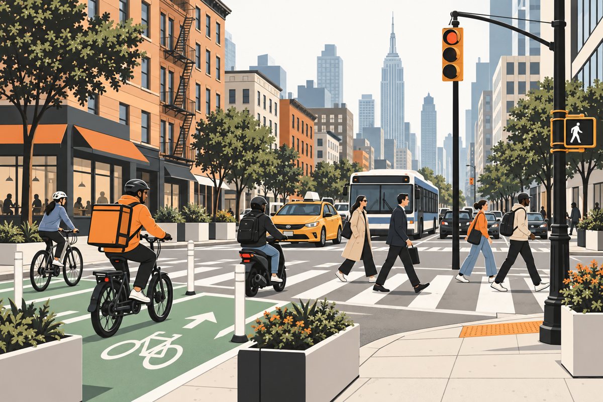 Flat illustration of a New York avenue crossing on a bright morning: a delivery rider in orange on an e-bike and a cyclist in a helmet ride a green protected bike lane lined with bollards and planters, a person on a moped waits at the red light, four pedestrians walk across a wide striped crosswalk under a walk signal, and a yellow taxi and a city bus stand at the line, with brick apartment buildings, street trees and a Midtown skyline behind.