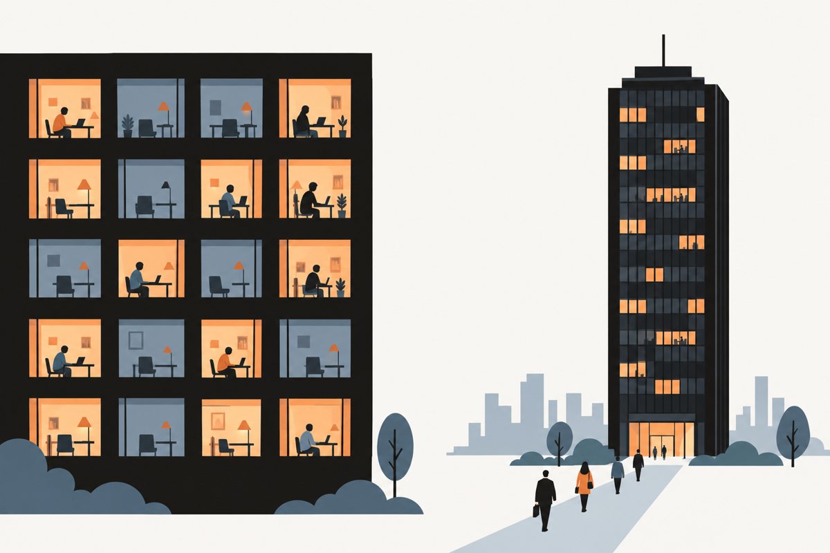 An apartment block whose lit windows show people working at home desks, some rooms empty, beside a single office tower with a few windows lit; a handful of people walk up a path to its entrance