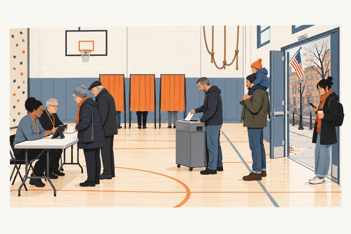 Flat illustration of a polling site in a school gymnasium on a November morning: two poll workers with a tablet at a folding table checking in an older couple in winter coats, three voting booths with orange curtains, a man in a hoodie feeding his ballot into a grey scanner, a father with a toddler on his shoulders waiting behind him, and in the open doorway a young woman with a backpack and a coffee looking at her phone, with a basketball hoop and climbing ropes on the gym wall and a brownstone street with bare autumn trees and a small American flag outside.